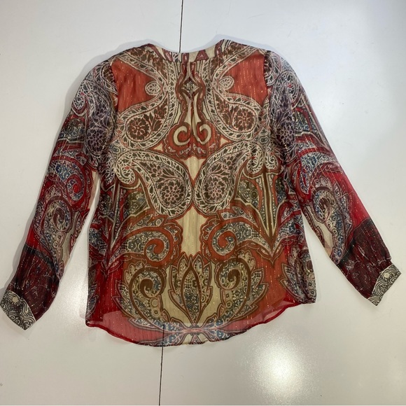 Hale Bob 100% Silk Red Paisley Print Metallic Gold Stripped Jeweled Blouse XS - Picture 3 of 16